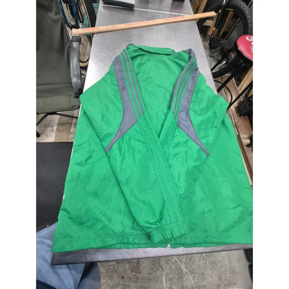 Adidas Windbreaker Jacket Full Zip Green‎ Gray Striped Lightweight Sportswear
